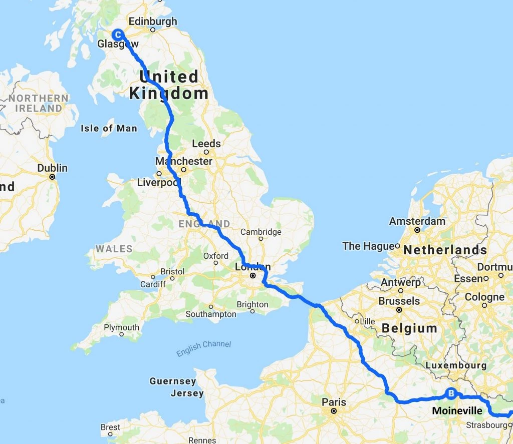 france to glasgow route